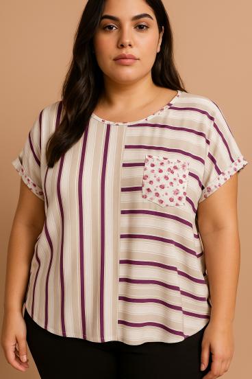 Top plus size s pruhovaným potiskem, béžový