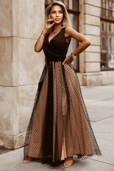 Elegantní maxi šaty s puntíky, černé