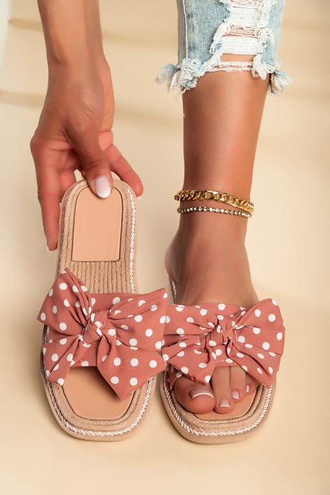 Pantofle s ozdobnou mašlí s potiskem puntíků, růžové