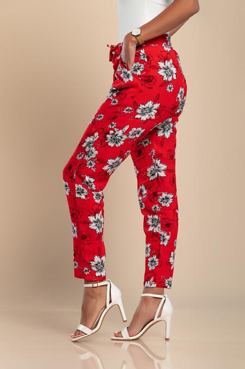 Dlouhé bavlněné kalhoty s květinovým potiskem, červené
