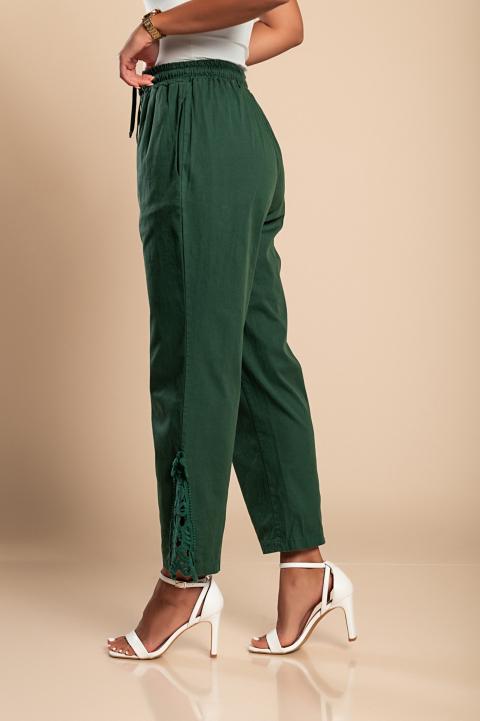 Elegantní bavlněné kalhoty s krajkou, olivová