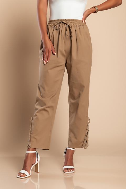 Elegantní bavlněné kalhoty s krajkou, khaki