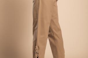Elegantní bavlněné kalhoty s krajkou, khaki