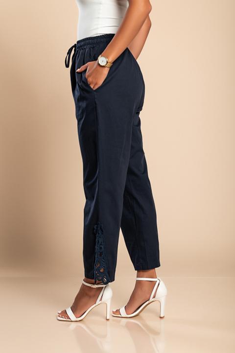 Elegantní bavlněné kalhoty s krajkou, tmavě modré