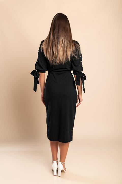 Elegantní midi šaty s kulatým límcem 3/4 rukávy s rozparkem a ozdobnými korálky Peppina, černé